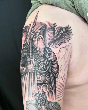 Black and grey military memorial half sleeve with an eagle in flight — by Adam Crane