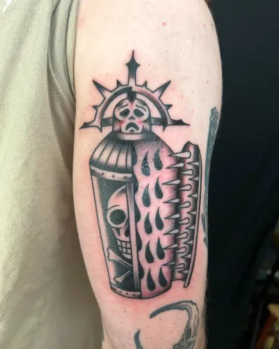 American traditional skeleton knight in armour on an upper arm — by Chay Menke at Ministry Ink