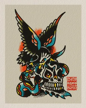 American traditional flash of a swallow and skull in teal and orange — by Chay Menke