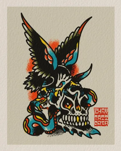 American traditional flash of a swallow and skull in teal and orange — by Chay Menke at Ministry Ink