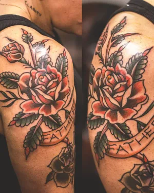 Black and grey roses with a Leather banner across a shoulder — by Chay Menke
