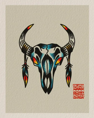 American traditional flash of a longhorn skull with feathers — by Chay Menke at Ministry Ink