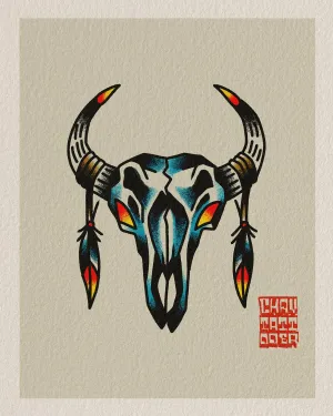American traditional flash of a longhorn skull with feathers — by Chay Menke