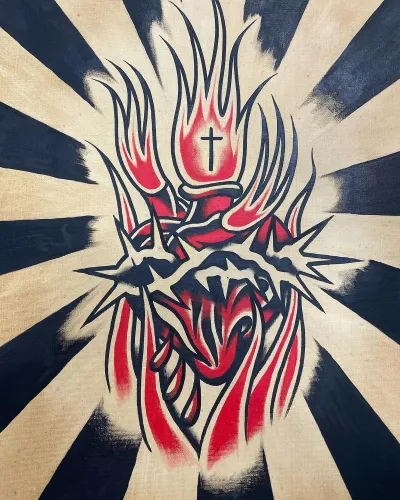 American traditional flash of a flaming sacred heart with a cross — by Chay Menke at Ministry Ink