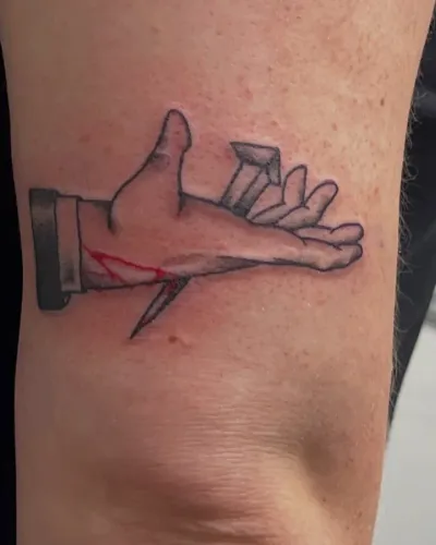 Fine line hand gesture outline on an inner arm — by Gabriel Gonzalez at Ministry Ink