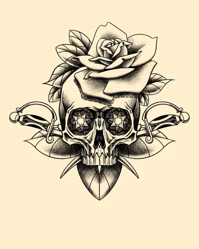 Black and grey flash of a skull crowned with a rose — by Gabriel Gonzalez at Ministry Ink