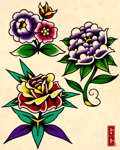 Colour traditional flash of peonies and a rose in purple and yellow — by Gabriel Gonzalez at Ministry Ink