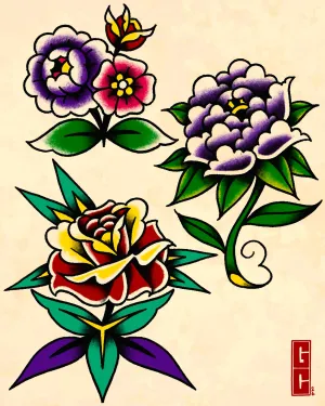 Colour traditional flash of peonies and a rose in purple and yellow — by Gabriel Gonzalez