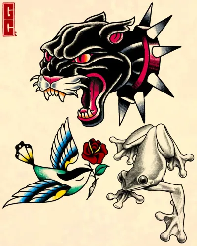 Colour traditional flash of a black panther, swallow and frog — by Gabriel Gonzalez at Ministry Ink