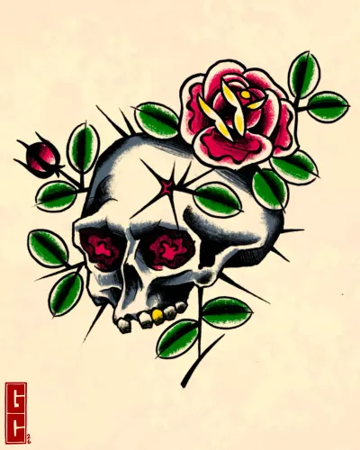 Colour traditional flash of a skull wrapped in roses — by Gabriel Gonzalez at Ministry Ink